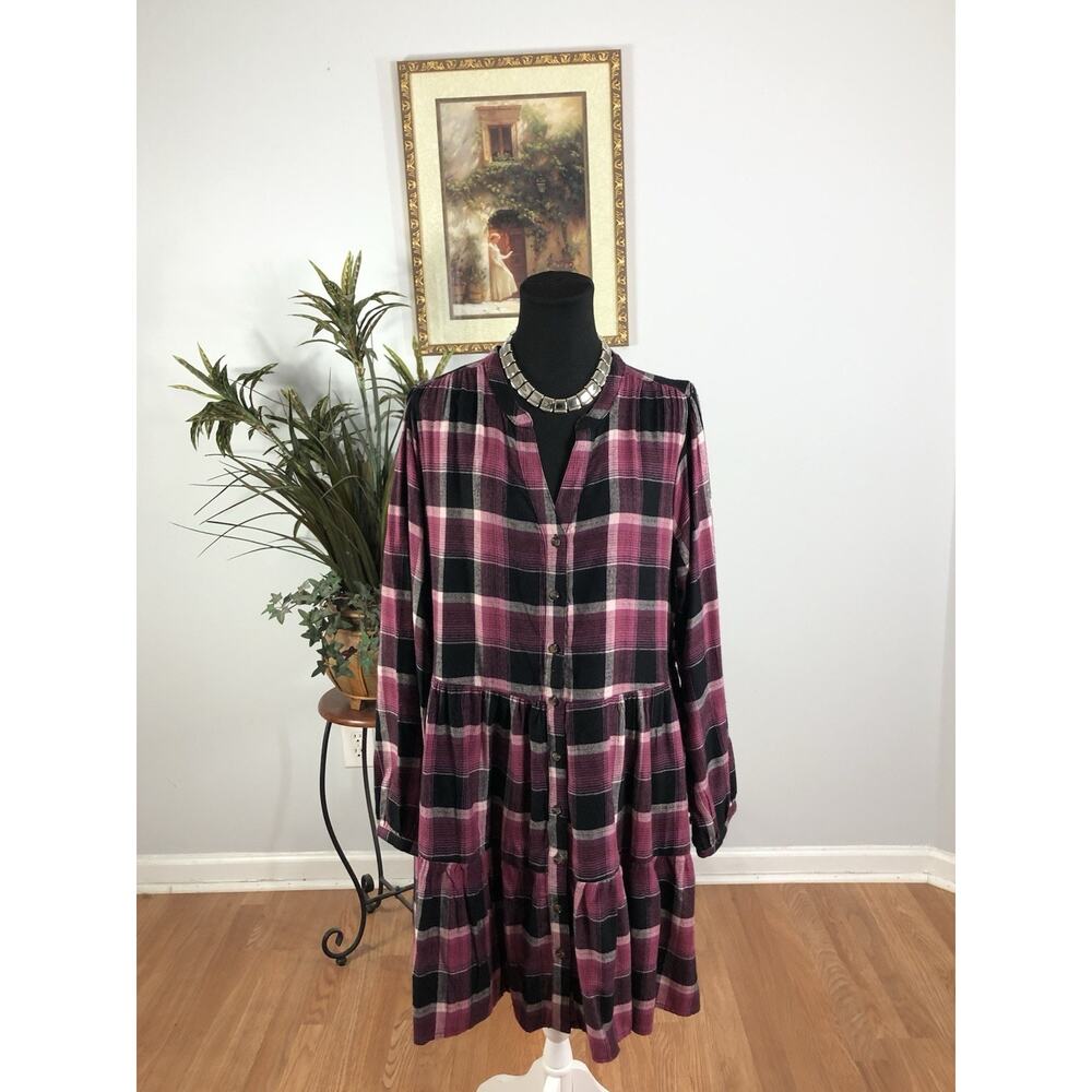 Time & True Women Flounce Tiers Dress XXL Boho Vacation Henley Neck Long Sleeve